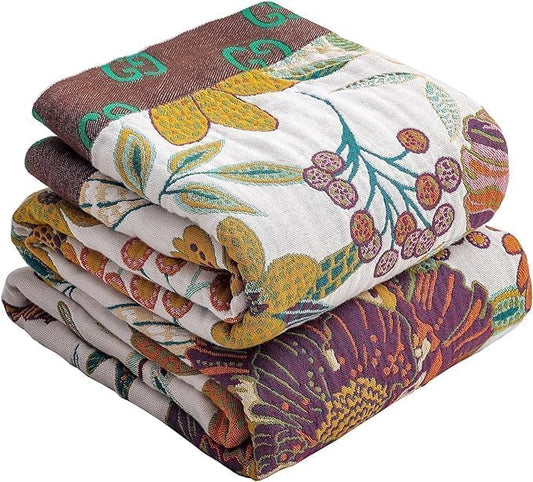 Boho Rustic Throw Blanket,100% Cotton Soft Vintage Bed Throw Blankets Floral Farmhouse Decor Throws,Reversible Throw for Sofa Couch, 60"×80" for All Seasons -White