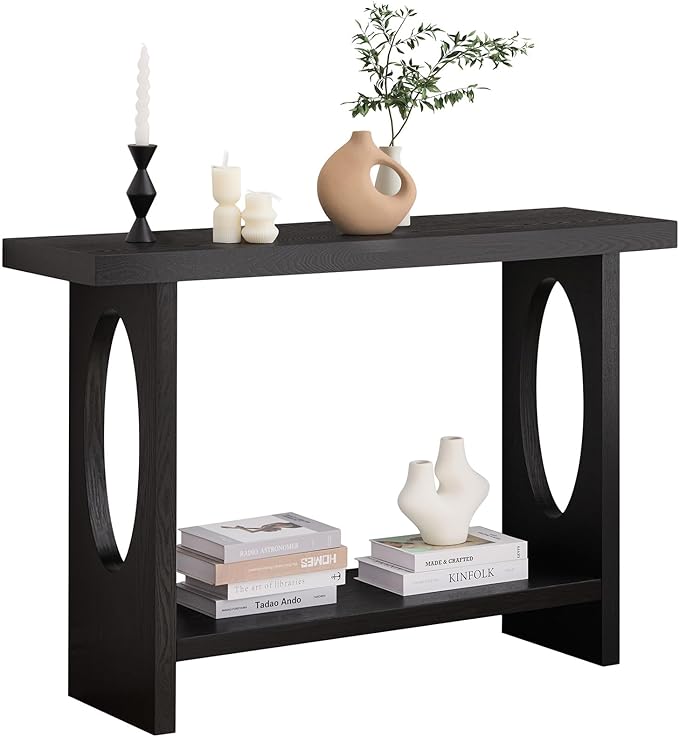 BECHAEO 47-Inch Modern Narrow Console Tables with Solid Wood Veneer - 2’’ Thickened Tabletop, 2-Tier Slim Sofa Table Behind Couch, Rectangle Entryway Table for Hallway Living Room, Black Oak