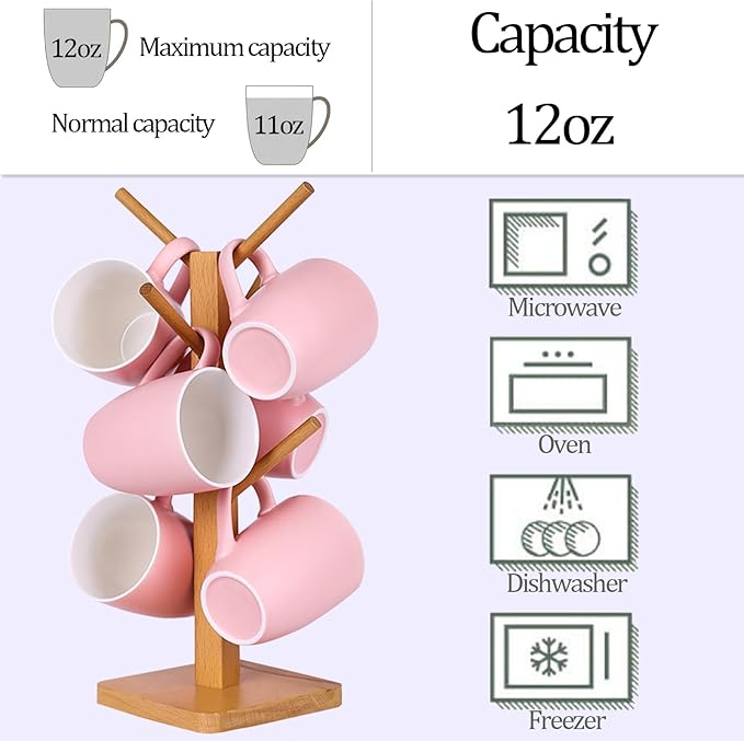 Coffee Mugs Set of 6, 12oz Ceramic Coffee Mugs with Handle, Matte Porcelain Pink Coffee Mug for Latte, Tea, Cocoa, Cappuccino, Cups for Women Men for Home Restaurant Mug (Pink)