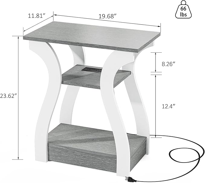 End Tables Living Room, Grey End Table with Charging Station, Grey Side Table, Nightstand for Bedroom, 3 Tier End Table with Storage Shelf for Living Room