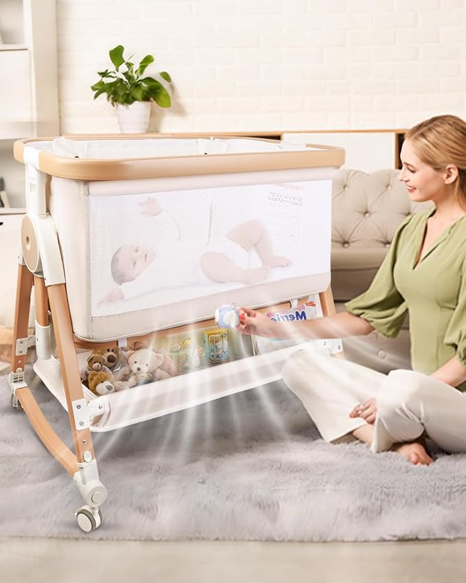 4 in 1 Baby Bassinet, Bassinets Bedside Sleeper with Wheels and Storage Basket, Adjustable 7 Heights Bedside Sleeper with Mosquito Net, Breathable Mesh Rocking Bassinet for Baby