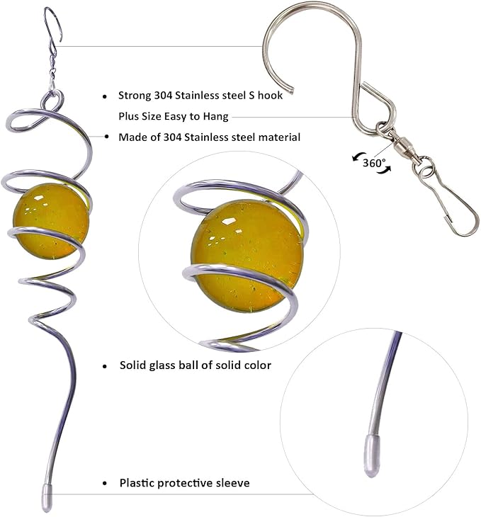 Gazing Ball Spiral Decorative Tail Wind Spinner Sun Catcher 11inch Tail and 2 inch Glass Orb. Wind Spinner Stabilizer Indoor Outdoor Garden Decoration -13 inch Height(Gold)