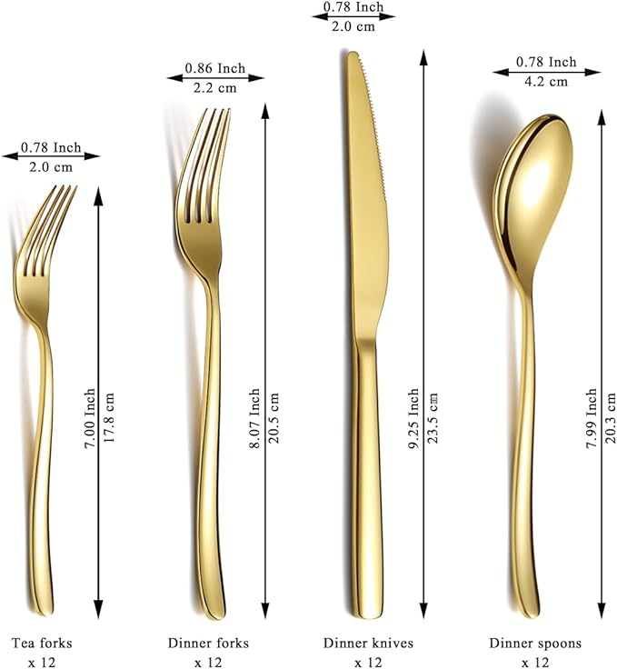 Berglander Gold Silverware Set 48pcs Service for 12, Golden Titanium Plating Stainless Steel Flatware Set, Gold Spoons Forks Knives Set for Home, Wedding, Restaurant, Hotel, Dishwasher Safe