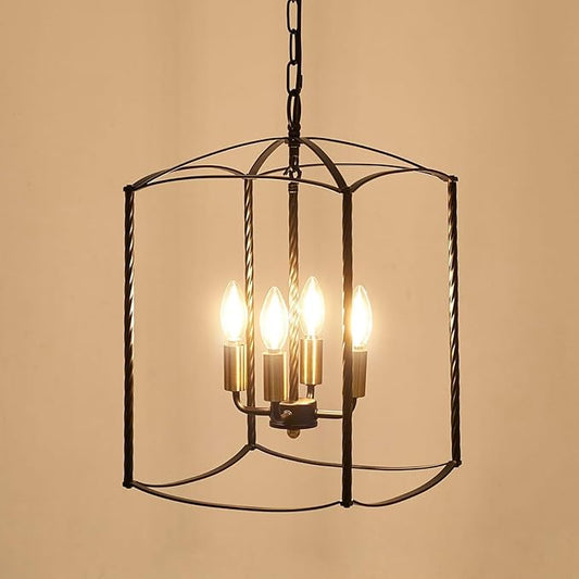 Farmhouse 4 Lights Pendant Light, Industrial Black Lantern Chandelier with E12 Gold Base Metal Cage Rustic Geometric Hanging Light Fixtures for Kitchen Island Foyer Entryway Dining Room