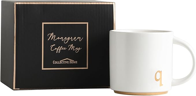 COLLECTIVE HOME - Monogram Ceramic Mugs, 15 oz Golden Initial Coffee Cups, Elegant Alphabet Tea Mugs, Elegant Personalized Mug with Gift Box, Luxurious Cups for Office and Home (q)