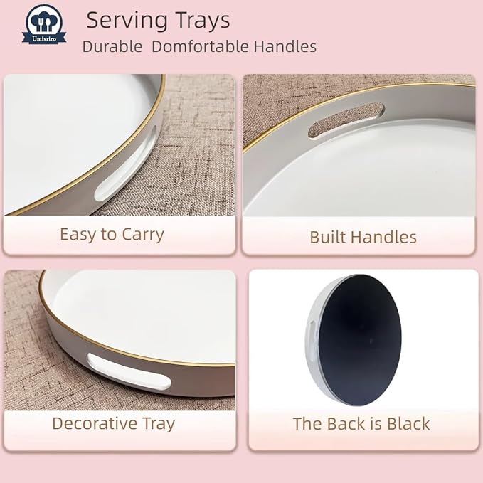 13" Round Decorative Tray, White Serving Tray with Handles, Plastic Coffee Table Tray for Ottoman, Living Room, Bathroom, Décor.