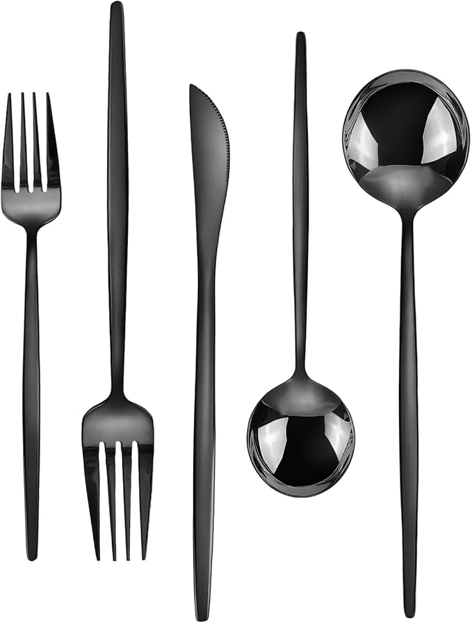 Black Silverware Set, KassKa 20 Pieces Flatware Cutlery Set, Stainless Steel Utensils Set Spoon Fork Knives Set for Home Restaurant and Kitchen, Mirror Polished Finished, Service for 4