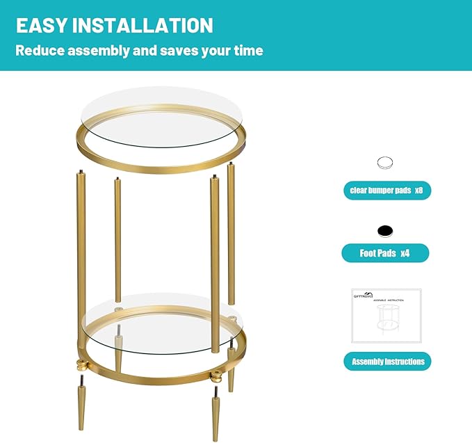 2 Tier Round Side Table, Gold End Table with Glass Top, Modern Metal Clear Coffee Tables, Small Accent Tables for Living Room, Bedroom, 18" x 18"