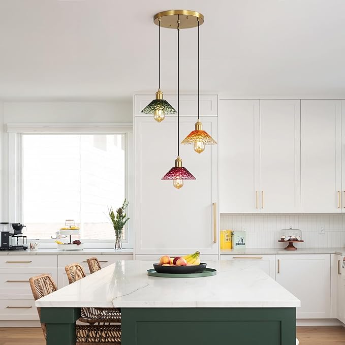 Glass Ceiling Chandelier,3-Light Colorful Hanging Pendant Light,Mid Century Modern Glass Pendant Light Fixture for Dining Room, Hallway, Living Room,Farmhouse,Kitchen Island