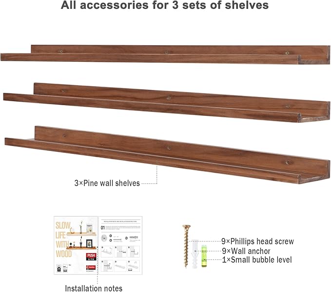 AZSKY 48 Inch Long Floating Shelves Wall Mounted Light Walnut Narrow Photo Picture Ledge Shelves Set of 3 Nursery Book Shelves Photo Frames Display Shelves Kitchen Spice Rack