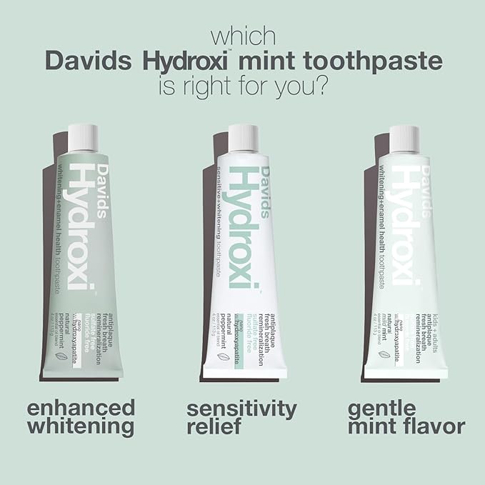 Davids Hydroxi Fluoride Free Nano Hydroxyapatite Whitening + Enamel Health Toothpaste, Antiplaque, Fresh Breath, Remineralizing, SLS Free, Natural Peppermint, 4 oz, Made in USA