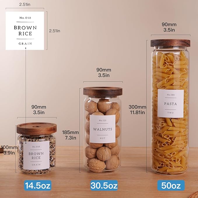 5 Set Glass Pantry Storage Jars with Acacia Airtight Lid - Thicken Glass Kitchen Canisters with 132 Pantry Labels - Clear Glass Food Storage Containers with Wood Lid for Tea,Sugar,Candy,Cookie,Pasta
