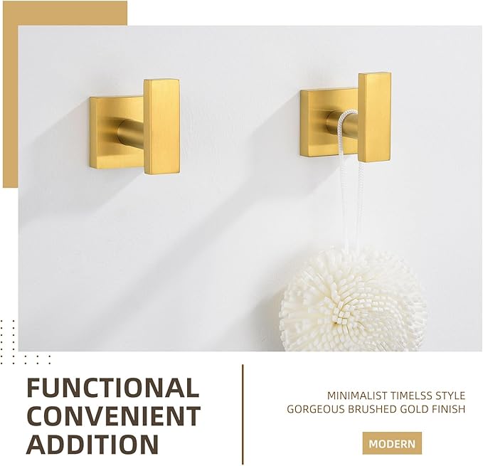 Angle Simple Towel Hooks for Bathroom, SUS 304 Stainless Steel Square Robe Coat Wall Hooks, Hand Towel Holder, Brushed Gold, 2 Pack