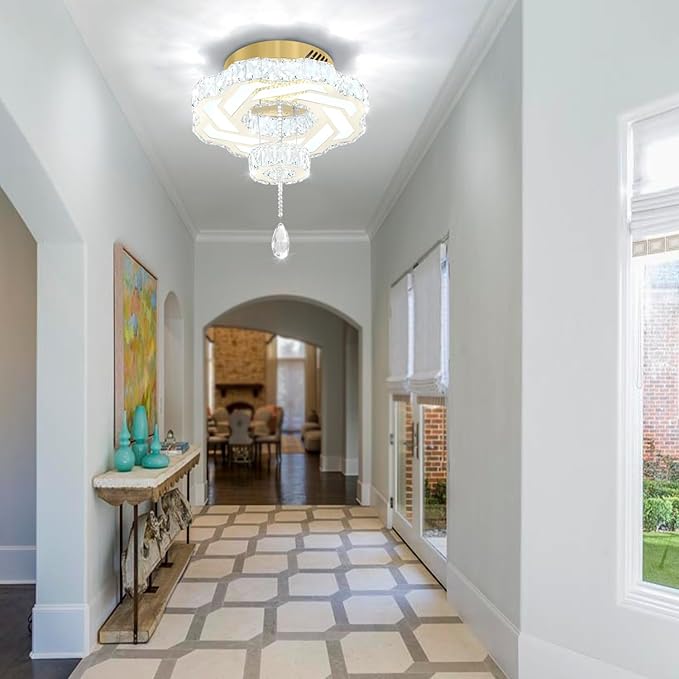 Flashing God 16 Inch Mini Chandelier Modern Crystal Chandeliers Light Semi Flush Mount Ceiling Light Fixture Small Gold Chandelier for Bedroom Hallway Kitchen Foyer