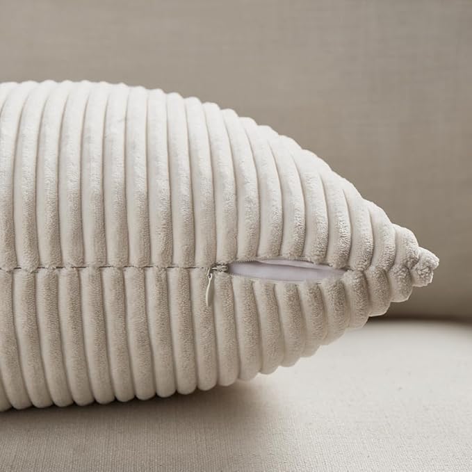 Fancy Homi 2 Packs Cream Lumbar Decorative Throw Pillow Covers 16x28 Inch for Living Room Couch Bed Sofa, Rustic Farmhouse Boho Home Decor, Soft Striped Corduroy Rectangle Accent Cushion Case 40x70 cm