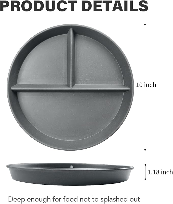 greenandlife 10 Inch 4PCS Unbreakable Portion Control Plates, Divided Plates for Kids Adults, Dishwasher & Microwave Safe Compartment Plate, Lightweight Reusable Wheat Straw plate, BPA Free