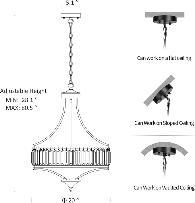 20" Modern Farmhouse Crystal Chandeliers for Dining Room, 5-Light Black Antique Pendant Chandelier, Contemporary Hanging Light Fixture for Living Room Bedroom Foyer Kitchen Island Entryway