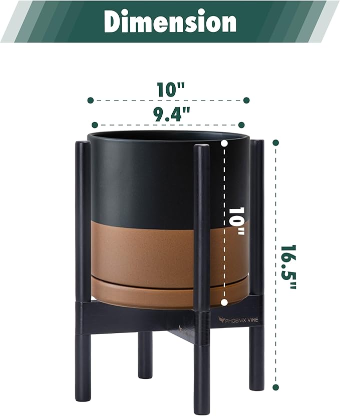 D'vine Dev Ceramic Planter with Ebony Stand - 10 Inch Modern Round Flower Pot with Wood Planter Holder, Black/Speckled Tan, 55-B-L-7
