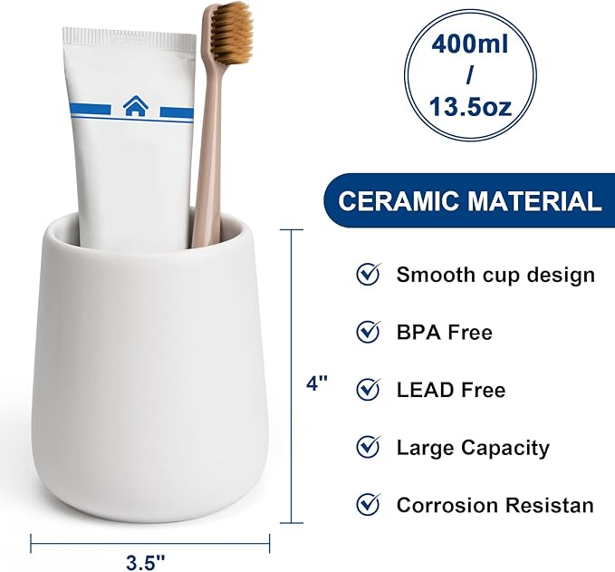 Bathroom Tumbler Cup Ceramic 13.5oz Reusable Toothbrush Cup 400ml, Toothbrush Holder Adequate for Your Bathroom (White)