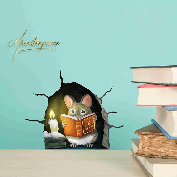 3D Mouse Reading Book in Mouse Hole, Decal Sticker, Removable Wall Decor, Book Lover Gift Idea, Baseboard, Wall Sticker Decal, Kids Room, Classroom, Library