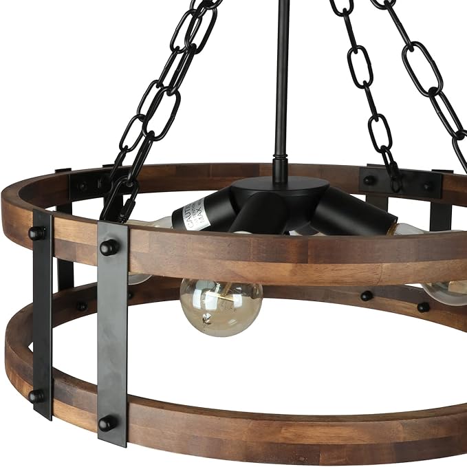 Farmhouse Rustic Wood Chandelier, 4-Light Industrial Drum Chandelier for Dining Room Vintage Pendant Hanging Light Fixture with Black Metal Accent for Kitchen Living Room Dining Area