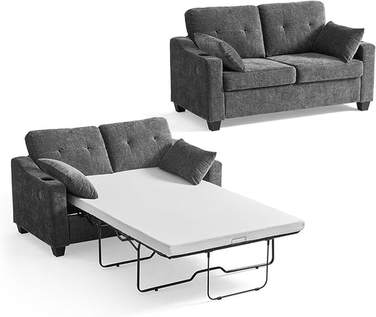 CHIC HOUSE Pull Out Sofa Bed, Full Size Sleeper Sofa, 2-in-1 Convertible Chenille Couch with USB Charging, Memory Form Couch for Living Room, Apartment & Small Space (Dark Grey, Chenille - Full)