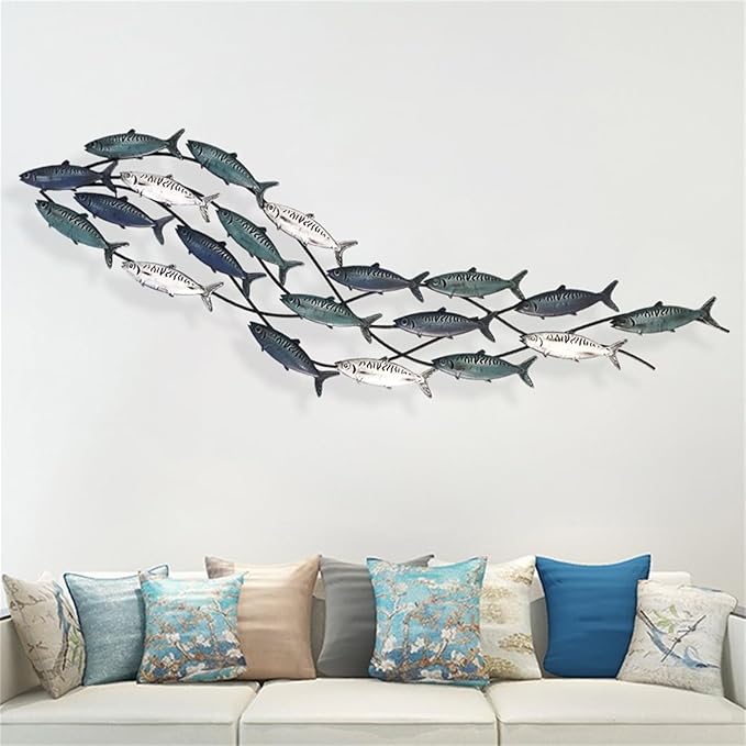Coastal Metal Fish Wall Decor, Large Nautical Fish Wall Décor,School of 20 Fish Wall Art,3D Fish Wall Sculpture,Fish Metallic Art Decor,Perfect for Living Room,Bedroom,Beach Or Boat Decor,59" X 16.5"