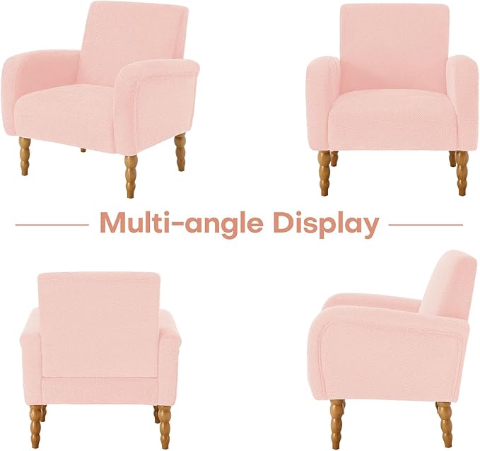 Chenille Fabric Accent Chair, Upholstered Armchair with Solid Wood Legs, Modern Living Room Accent Chair, Comfy Single Sofa Chair Reading Club Chair for Bedroom Reception Lounge, Pink