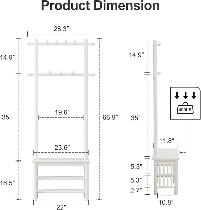 Coat Rack with Shoe Storage, Narrow Wooden Hall Tree with Bench, 11 Hooks and 2-Tier Storage Shelves, 3-in-1, Entryway Bench with Coat Rack (23.6"-Deep White)