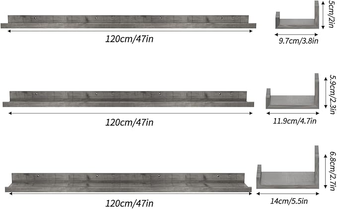 Giftgarden 47 Inch Gray Floating Shelves for Wall Mount, Grey Wood Wall Shelf Ledge for Bathroom Bedroom Living Room Kitchen Storage, Set of 3 Different Sizes