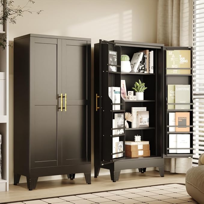 51" Kitchen Pantry Cabinet, Metal Storage Cabinet with 3 Adjustable Layer Shelves, 8 Door Shelves, Buffet Sideboard for Living Room, Kitchen, Black