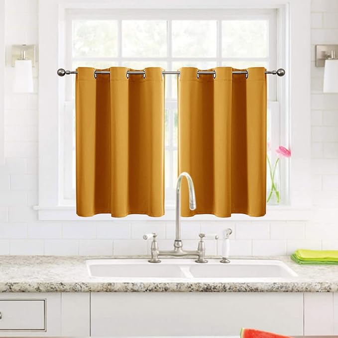 ChrisDowa Small Window Curtains for Kitchen and Bedroom - Grommet Short Thermal Insulated Room Darkening Curtains (2 Panels, Mustard Yellow, 52 x 36 Inch)
