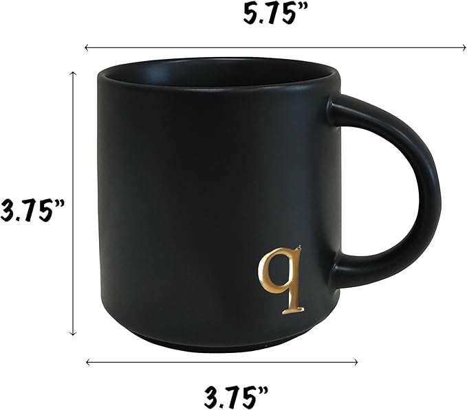 COLLECTIVE HOME - Black Monogram Ceramic Mugs, 15 oz Golden Initial Coffee Cups, Elegant Alphabet Tea Mugs, Personalized Halloween Mug with Gift Box, Perfect for Office and Home Décor (q)