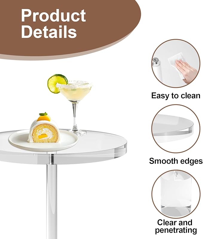 Acrylic End Table, Modern Minimalist Acrylic Side Tables, Clear Side Table for Living Room, Bedroom, Office, Drink Table (12" D x 12" W x 21" H, Transparent)