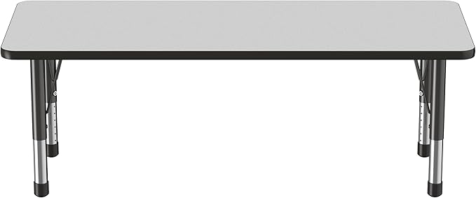 FDP Rectangle Activity School and Classroom Kids Table (24 x 60 inch), Chunky Toddler Legs, Adjustable Height 15-24 inches - Gray Top and Black Edge