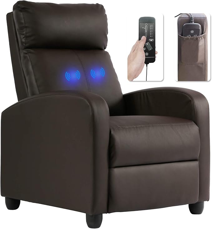 BestMassage | Recliner Chair | with 2 Point Massage Function | Pu Brown | with Lumbar Support, Adjustable Push Back, Footrest & Padded Seat | Easy Assembly | for Living Room, Home Theatre