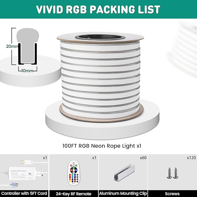 GZBtech RGB LED Neon Rope Lights 100FT/30M, AC 110-120V Waterproof Color Changing LED Rope with Remote Controller, Dimmable Multi Color Neon Rope Lighting for Indoor Outdoor Commercial Use