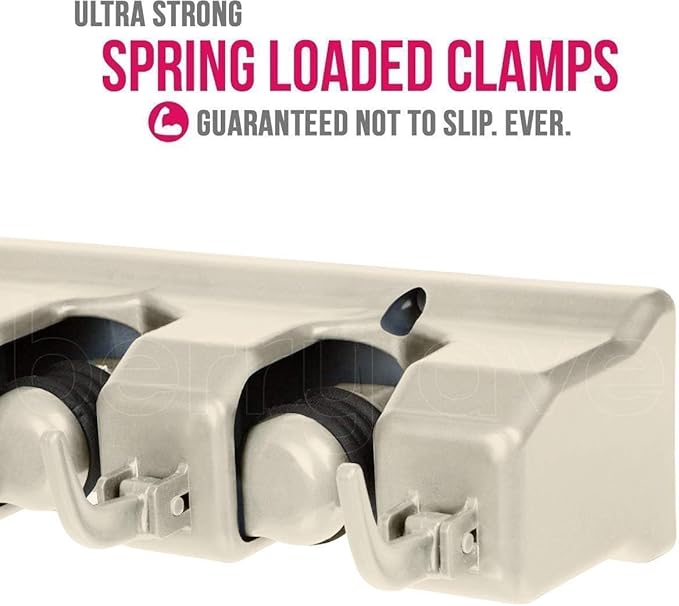 Berry Ave Broom Holder & Wall Mount Garden Tool Organizer- Kitchen, Closet, Garage & Laundry Room Storage With 5 Slots And 6 Hooks- Wall Holder For Broom, Rake & Mop Handles Up To 1.25” [Beige 2-Pack]