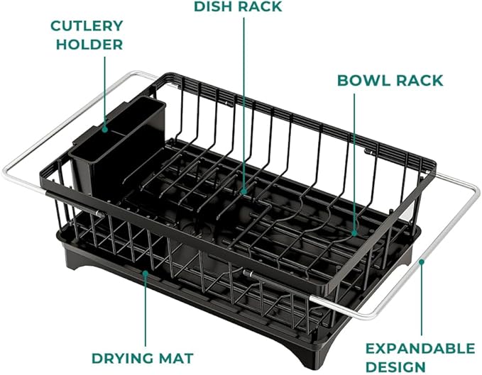 Expandable Dish Drying Rack in Sink, Adjustable Stainless Steel Rustproof Grip Handles Dish Rack Over The Sink, Dish Strainer with Drying Tray & Utensil Holder