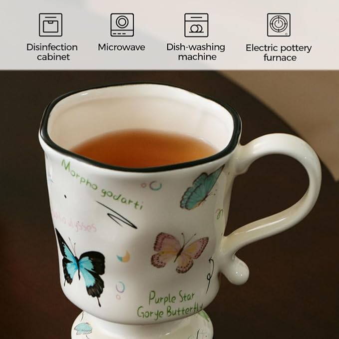360ml -12.17oz Painted Butterfly Ceramic Mug - Cute Coffee Cup for Latte, Espresso - Gift for Women, Dishwasher Safe