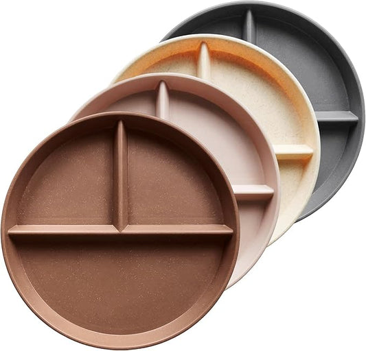 greenandlife 9 Inch 4PCS Unbreakable Portion Control Plates, Divided Plates for Kids Adults, Dishwasher & Microwave Safe Compartment Plate, Lightweight Reusable Wheat Straw Plate, BPA Free