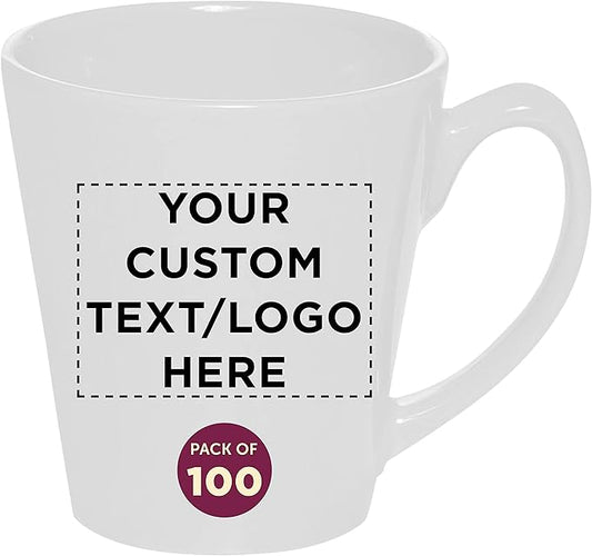 DISCOUNT PROMOS Custom Glossy Ceramic Latte Coffee Mug 12 oz. Set of 100, Personalized Bulk Pack - Perfect for Tea, Espresso, Cappuccino, Hot Cocoa - White