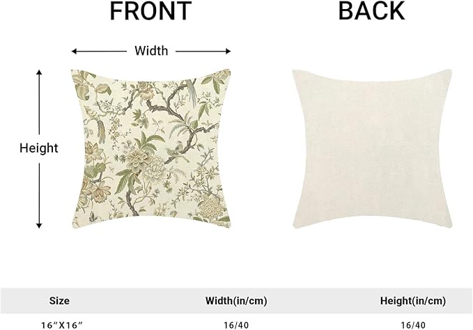 CXMEIFLY Spring Floral Birds Pillow Covers 16 x 16 Inch Set of 2 for Chinoiserie Flowers Decor Throw Pillows Sage Green Plant Outdoor Decorative Cushion Cases for Couch Bed Decorations