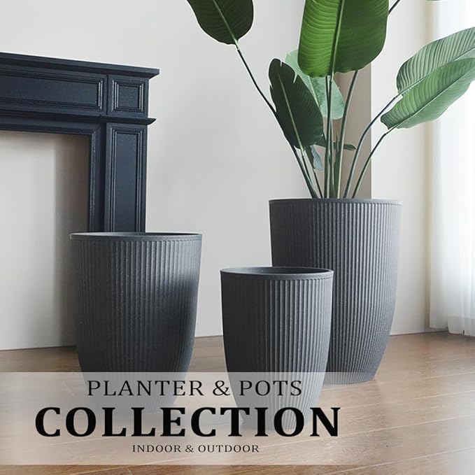 2 Pcs Pack 15 Inches Heavy Duty Plastic Resin Tall Tapered Planter Pots Large Round Planter Flower Pot with Drainage Hole for Indoor Outdoor Deck Porch Garden Home Patio Front Door (Dark grey, S)