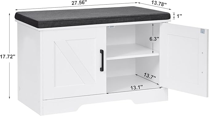 2-Tier Storage Bench, Shoe Bench with Padded Seat Cushion, Entryway Bench with 2 Barn Doors, Adjustable Shelf, 13.8" D x 27.6" W x 17.7" H, for Entryway, Living Room, Bedroom, White