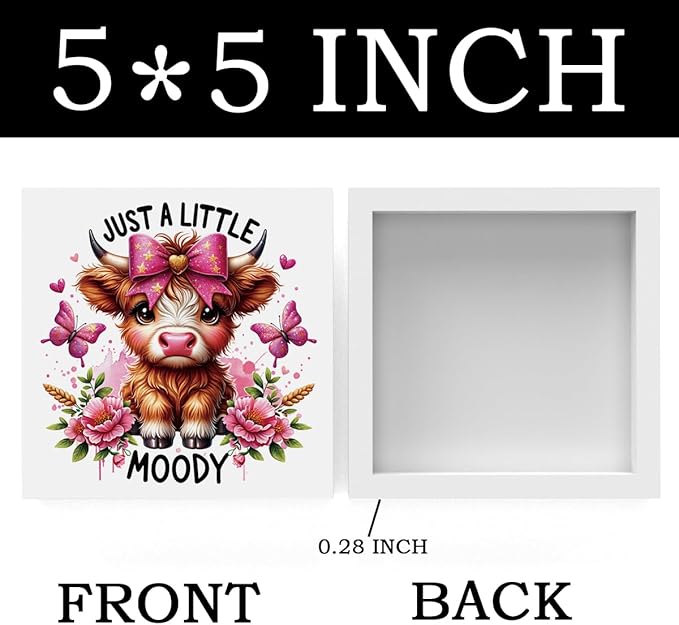 Cute Highland Cow Baby Decor, Cow With Pink Bow, Highland Cow Gifts for women, Highland Cow Decor, Highland Cow Nursery Decor, Wooden Box Decor Sign for Home Farmhouse Office Living Room Table Shelf