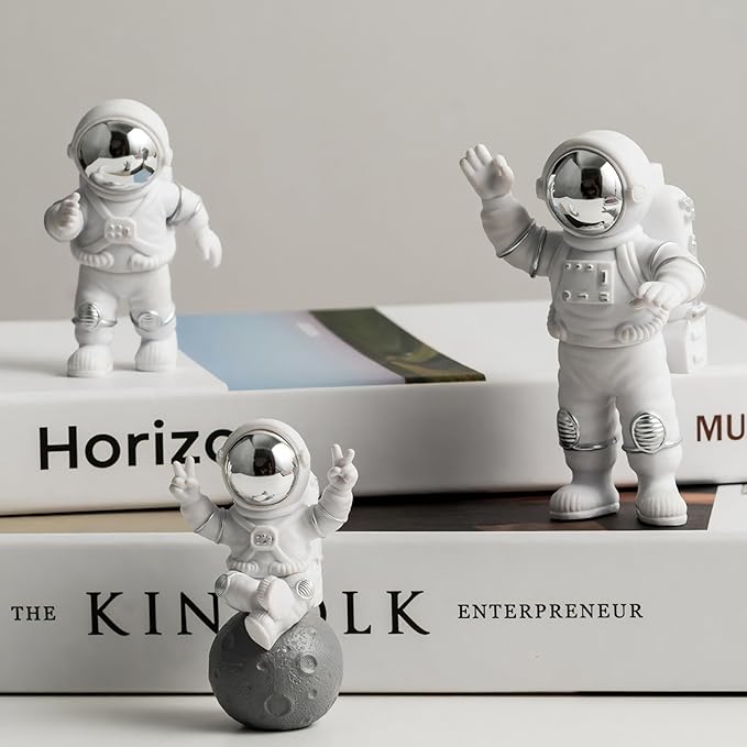 3 Pcs Silver White Astronaut Statues Set, Spaceman Sculpture Figurines Home Ornament Cake Toppers Gift