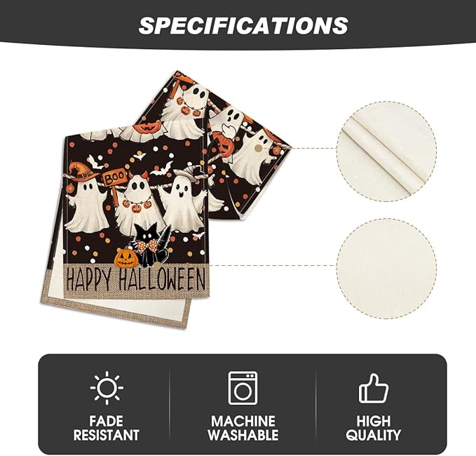Artoid Mode Ghost Jack-O'-Lantern Black Cat Halloween Table Runner,Holiday Kitchen Dining Table Decoration for Home Party Decor 13 x 60 Inch