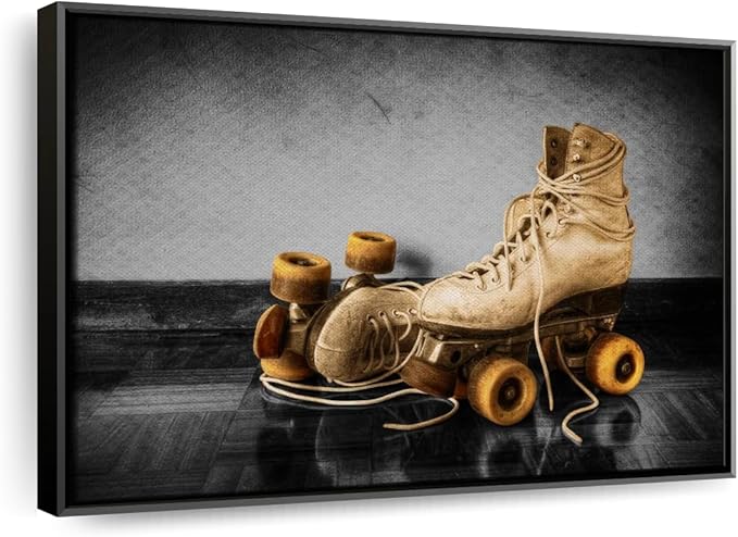 ElephantStock Vintage Skates Pop Wall Art - Horizontal Framed Canvas - 1-Piece Living Room Wall Decor - Sport Photography Canvas Print - Beige and Black Decor for Wall - 25" X 17"