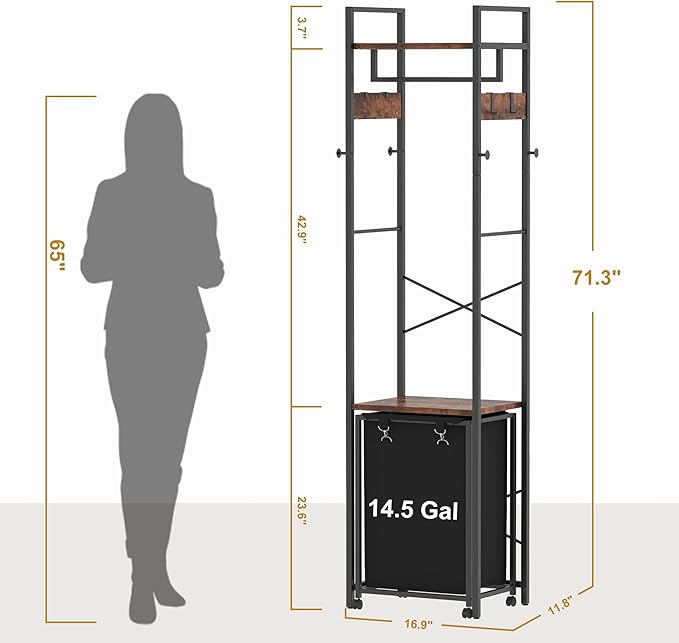 Coat Rack with Laundry Basket, Laundry Hamper Freestanding Hall Tree, Clothes Rack with Storage Shelves, 14.5 Gal Removable Bags on Wheels, Black and Brown JLH005SR